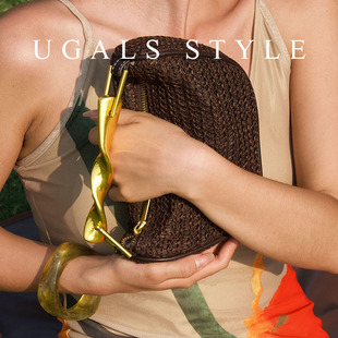 UGALS休闲度假海边编织草编时尚百搭金属枕头包波士顿手拿斜挎包