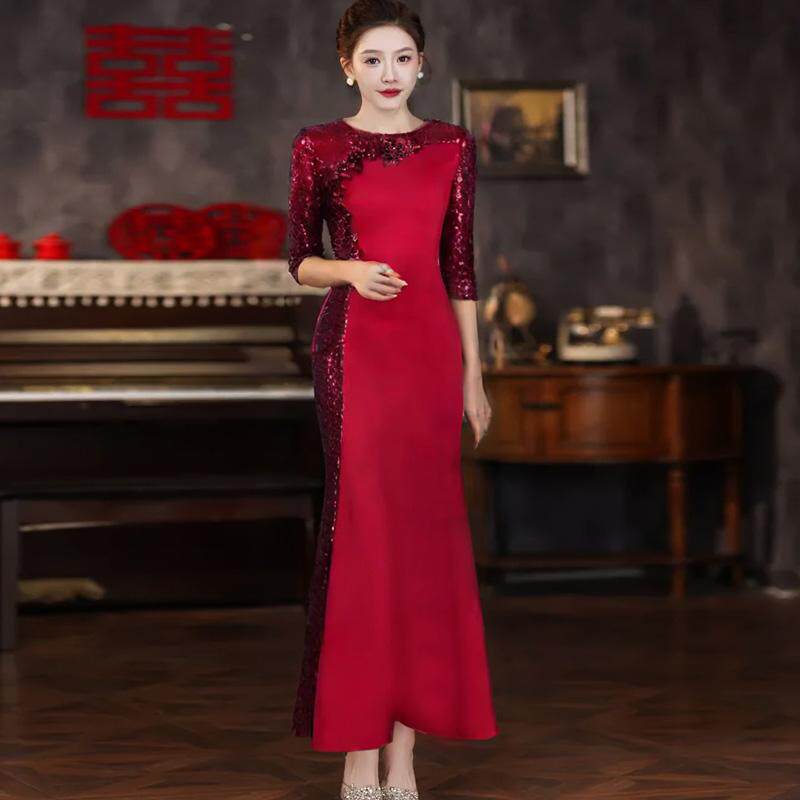 立体刺绣鱼尾长款喜妈妈礼服裙