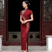 礼服 婚宴妈妈中式 轻奢高级感春夏新款 大气钉珠旗袍裙优雅暗红长款