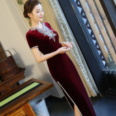 洋气丝绒旗袍裙改良气质中袖 丝绒烫钻礼服 新娘喜婚宴婆婆妈妈装