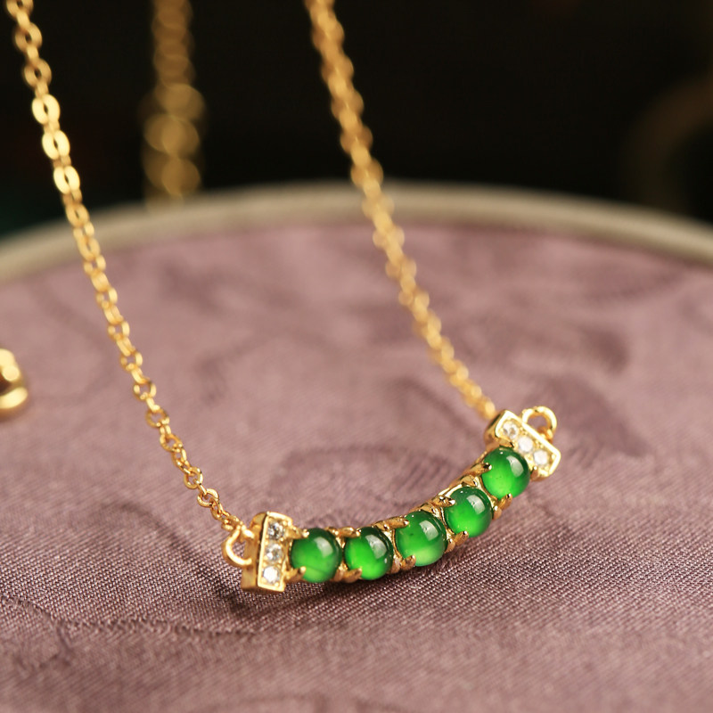 小银匠冰种天然翡翠纯银微笑吊坠女国风绿色玉石锁骨链金镶玉项链