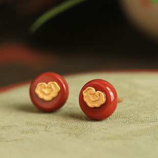 天然南红纯银如意耳钉女新中式 国风红色宝石本命年红玛瑙耳饰耳环