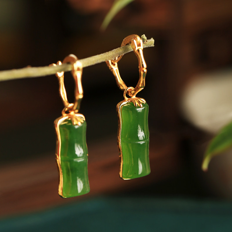 小银匠天然碧玉和田玉纯银竹节耳环女新中式国风绿色玉石耳饰耳坠