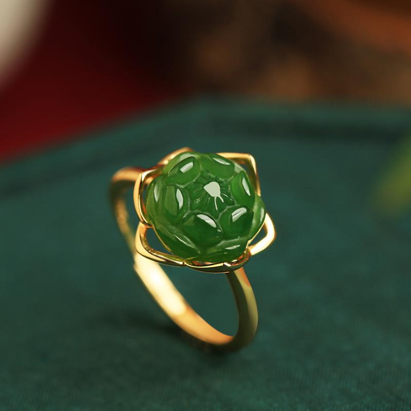 小银匠天然和田玉碧玉莲花银戒指