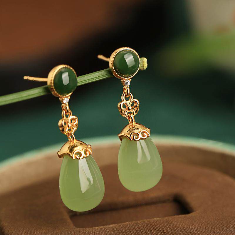 小银匠和田玉碧玉纯银水滴耳环女新中式国风绿色玉石耳饰耳坠耳钉