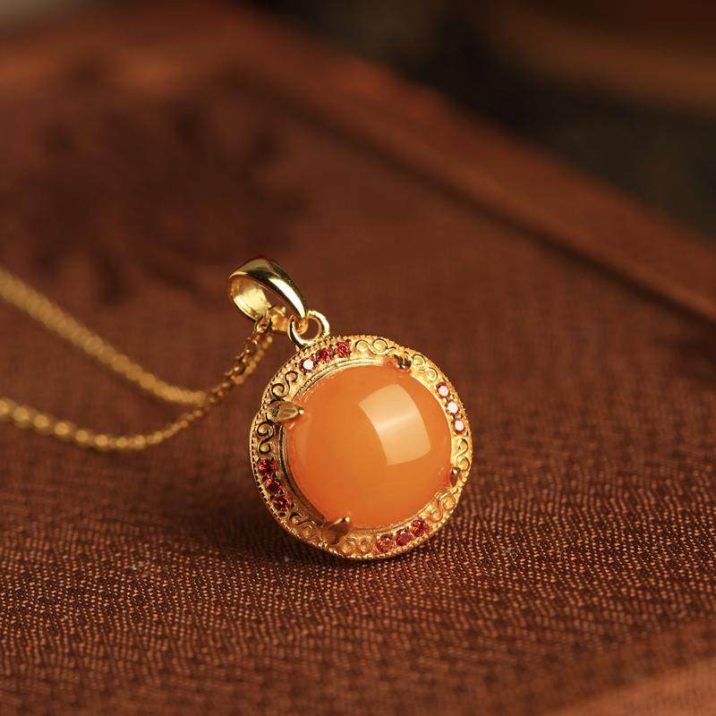 小银匠天然蜜蜡纯银吊坠女国风琥珀金包银高级黄色玉石金镶玉项链