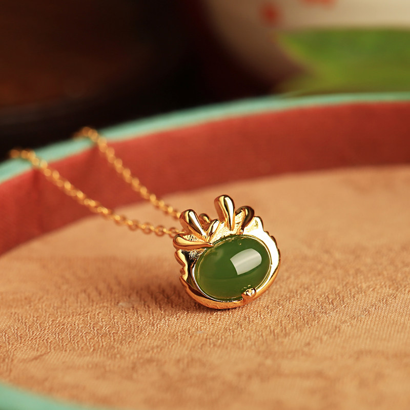 天然和田玉碧玉生肖龙纯银吊坠女款新中式国风玉石金镶玉龙年项链