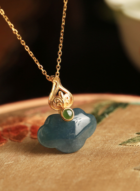 天然翡翠纯银吊坠女款新中式国风玉石长命锁金镶玉祥云锁骨链项链