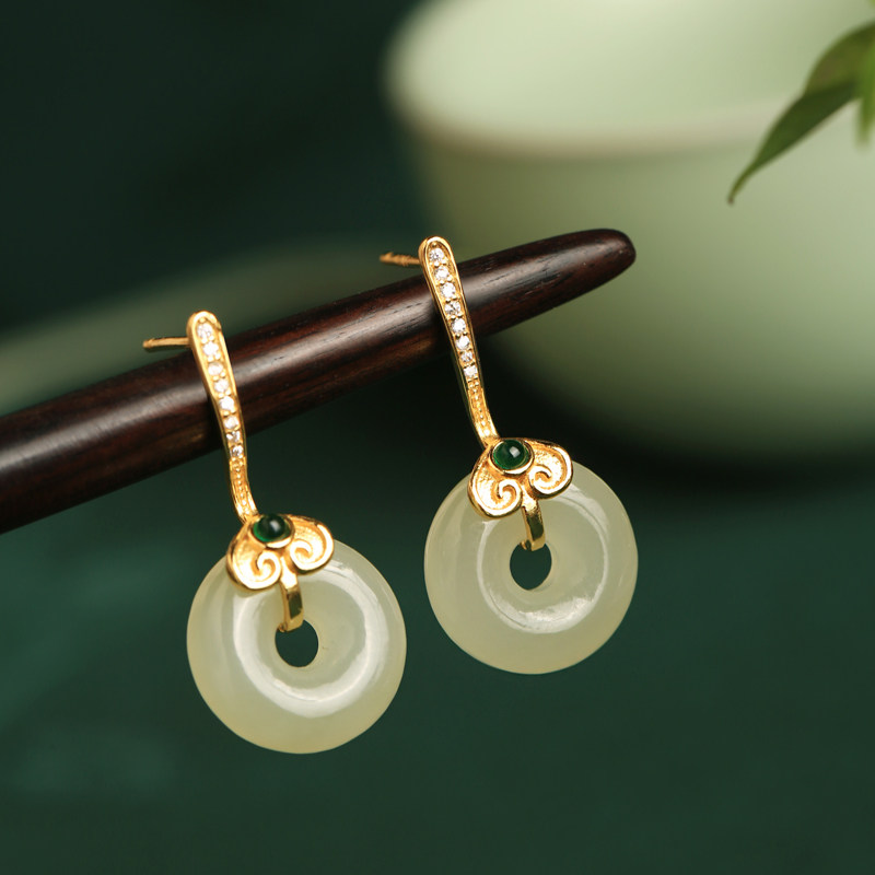 和田玉纯银如意平安扣耳环女天然青玉国风玉石金镶玉耳饰耳坠耳钉