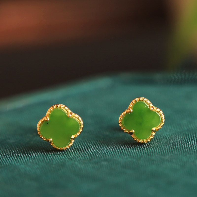 四叶草和田玉碧玉纯银耳钉女新中式高级绿色玉石耳饰耳环生日礼物