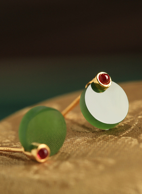 和田玉碧玉纯银耳钉女款新中式国风绿色玉石耳饰耳环新年过年礼物