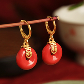 天然朱砂纯银平安扣耳环女款 红色本命年新年过年喜庆耳坠耳饰礼物