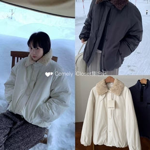 在途现货 lerobe 25秋冬新款宽松休闲纯色保暖毛领夹克棉服外套女