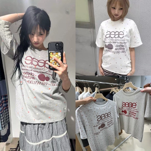 现货 aeae 26夏新款 休闲百搭甜美彩色波点字母印花T恤上衣女少