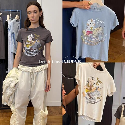 现货 CLOSET OPEN YY26早春新款 骑木马的可爱小女孩印花短袖T恤