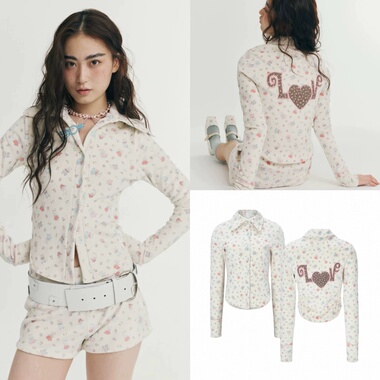 国内现货 minjiena 26早春款 卡通爱心动物印花翻领长袖衬衫上衣