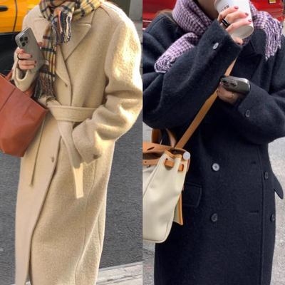 现货 韩国正品 LEROBE 24秋冬新款 气质双排扣系带长款大衣外套女