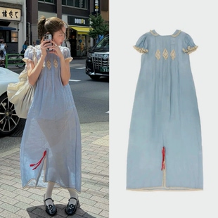 韩国已定 Freckle 26夏季新款 蓝色蕾丝花边苎麻娃娃袖连衣裙长裙