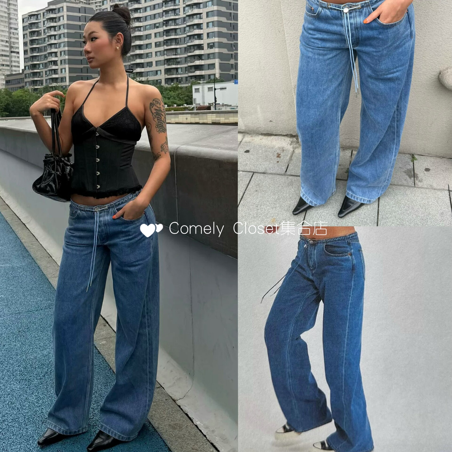 买手店 Still Here 26夏新款 窄腰可调节系带水洗直筒裤牛仔裤女图片