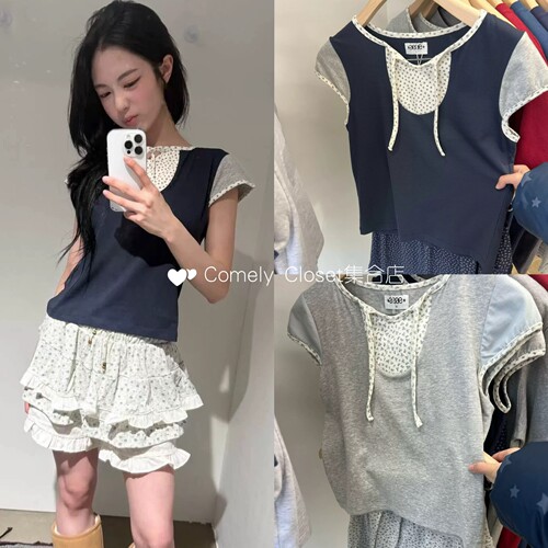 韩国采购 aeae  26新款 少女风甜美百搭碎花拼接系带短袖T恤上衣