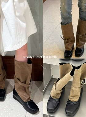 现货秒发 OPENYY 25秋冬新款芭蕾舞方头宽松牛皮拼色中筒骑士靴女