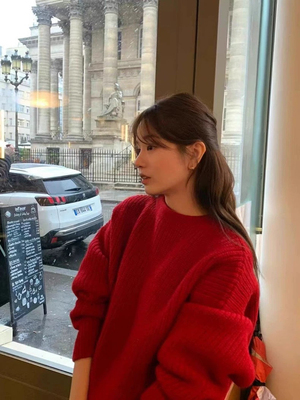 现货 Ounce 24冬季新款 宽松慵懒感红色圆领套头毛衣针织衫上衣女