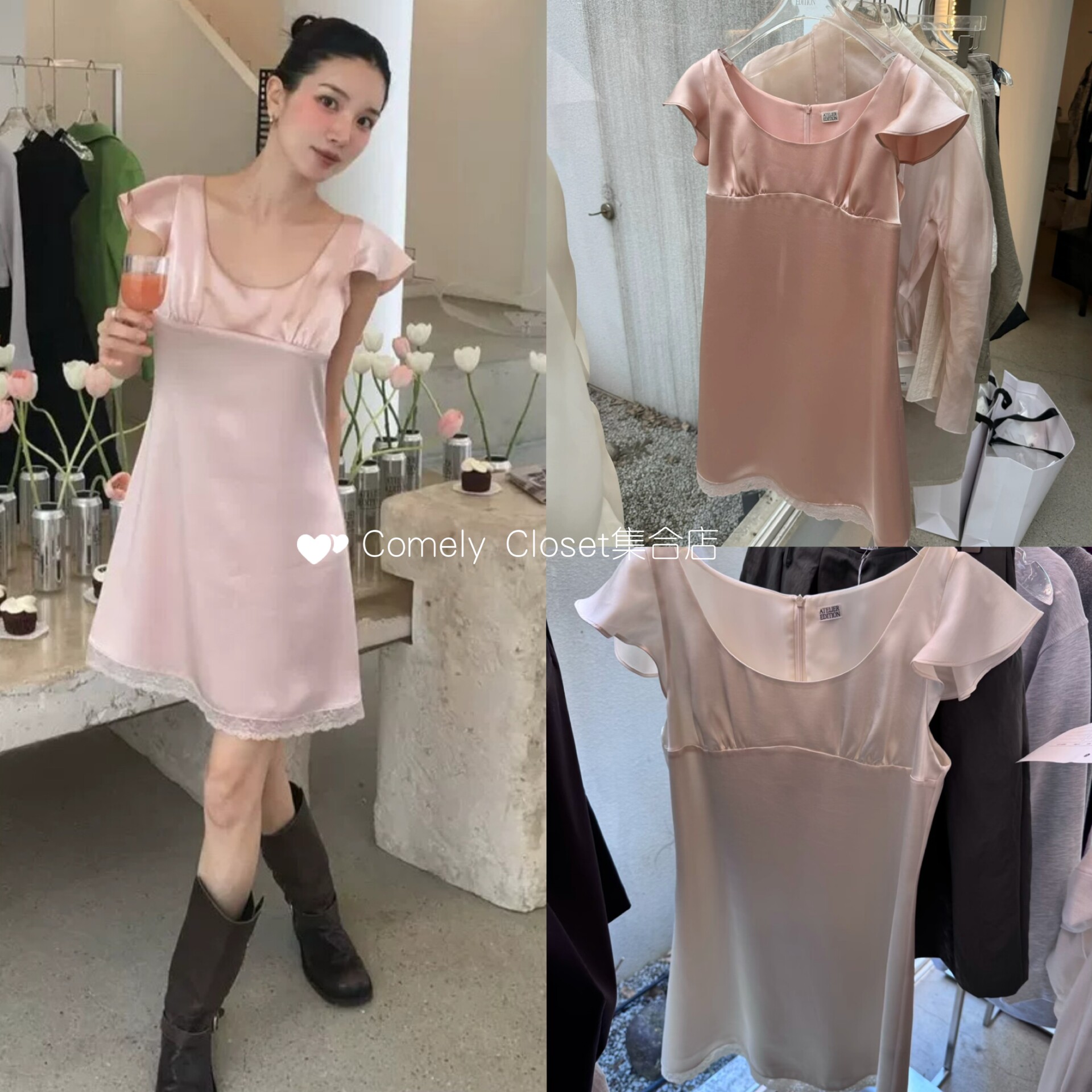 买手店 atelier edition 26春夏新款 SATIN蕾丝缎面飞袖连衣裙女图片