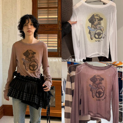 Cloest openyy 25秋季新款 可爱卡通小狗圆领修身长袖T恤衫上衣