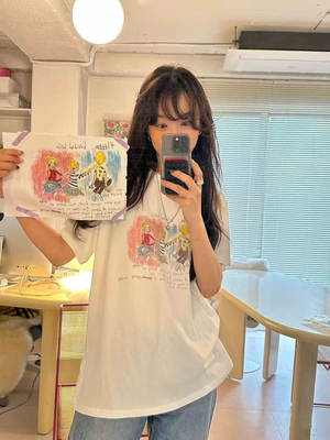 韩国直邮 fletta 2025夏季新 款手绘漫画印花休闲百搭圆领短袖T恤