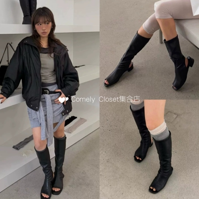 韩国采购 cerric 26春夏新款 鱼嘴牛皮露脚趾粗跟中筒靴女靴子