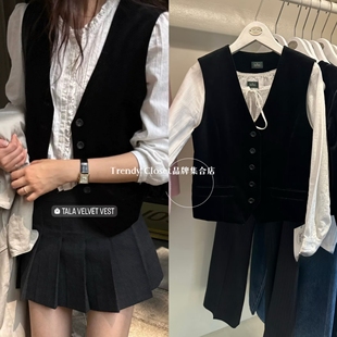 现货 thebarnnet 八奶25秋冬新款 复古百搭v领黑色丝绒背心马甲女