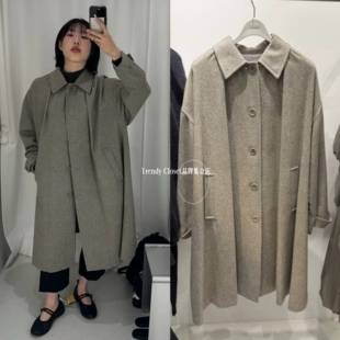 韩国正品 amomento  25秋冬新款 翻领喇叭廓形褶皱羊毛大衣外套女