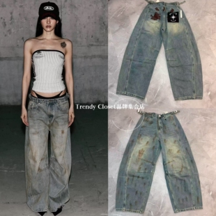 买手店现货 badblood 25新款 复古脏染做旧牛仔裤宽松直筒弯刀裤