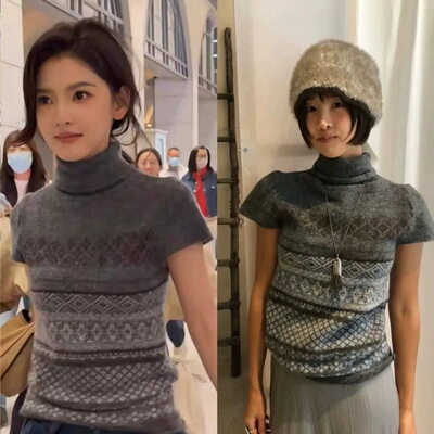 买手店 verso 章若楠同款 26新款 复古提花羊驼毛高领针织短袖T恤