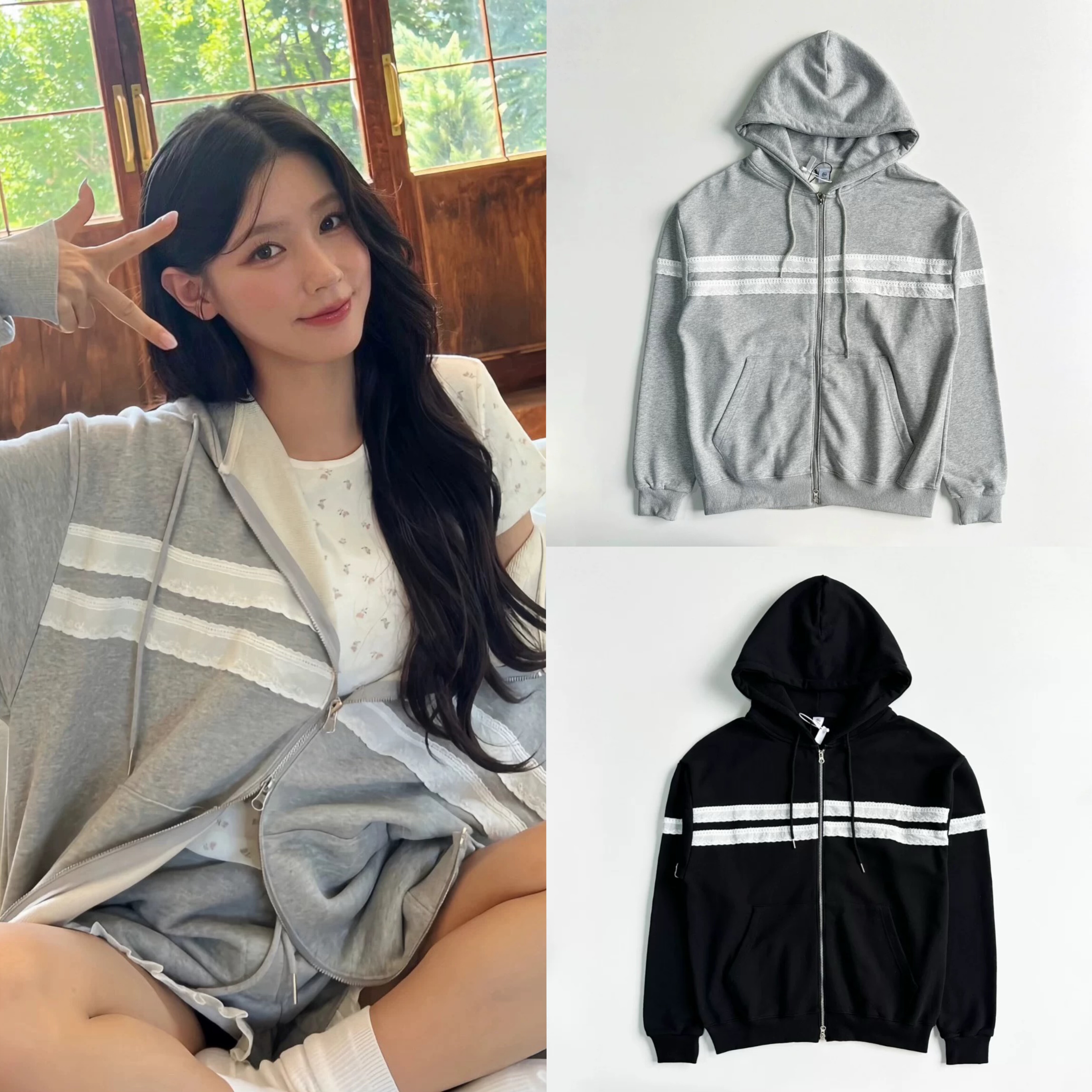 韩素希同款 RONRON 25秋冬新款 设计师品牌蕾丝宽松连帽卫衣外套