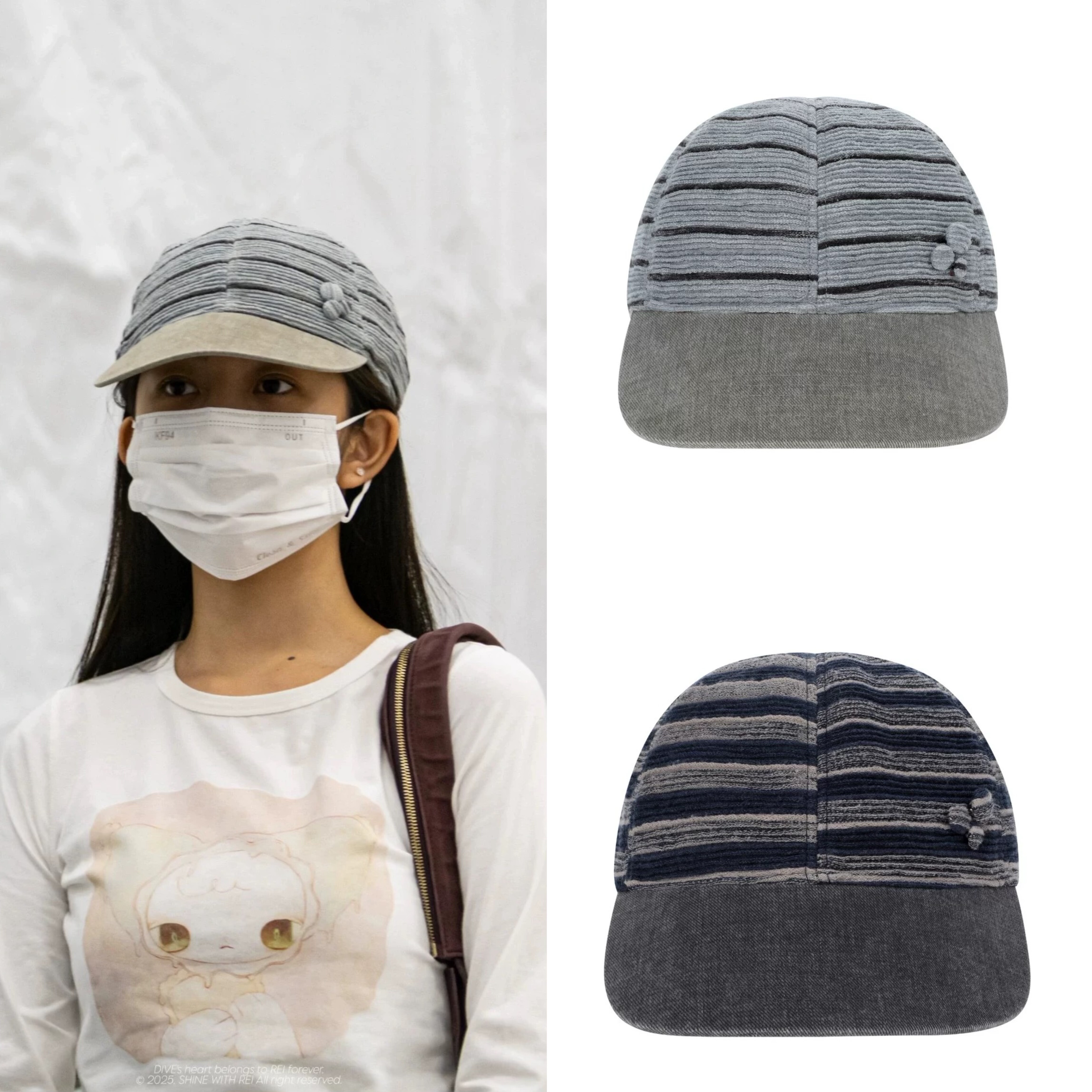直井怜同款 coyseio 25秋冬新款 纽扣装饰拼色条纹棒球帽鸭舌帽女