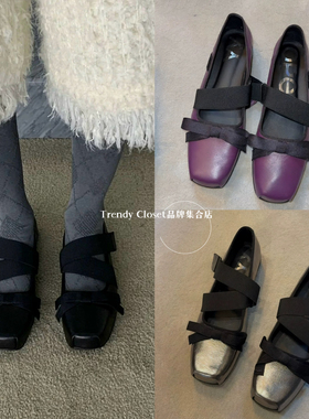 现货 closet openyy25新款魔术贴方头蝴蝶结芭蕾舞鞋平底玛丽珍鞋