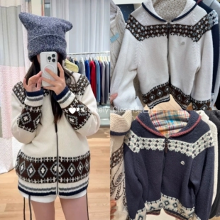 买手店 林娜琏同款 COYSEIO 复古风卡通后背提花针织开衫毛衣外套