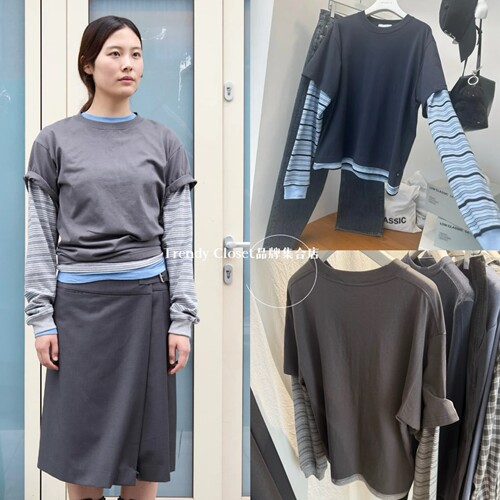 韩国采购 LOW CLASSIC 25新款STRIPED LAYERED假两件条纹长袖T恤