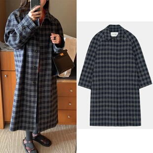 国内现货 LEROBE 25新款复古英伦风翻领格纹中长款毛呢大衣外套女