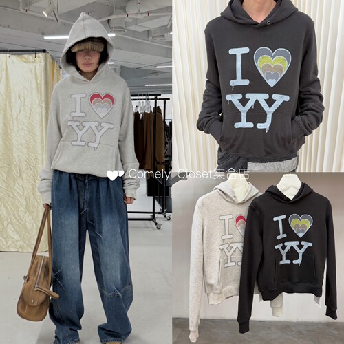 韩国已定 Open YY 早秋26新款 I LOVE YY 字母印花休闲风连帽卫衣