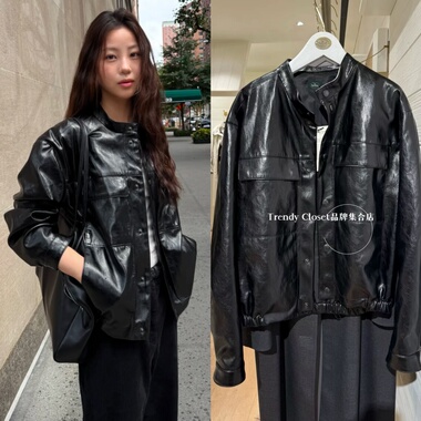 买手店 Thebarnnet 25秋冬新款 八奶时尚立领黑皮衣夹克外套女