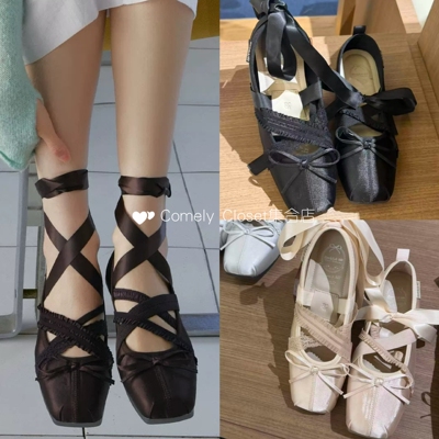 买手店 Rockfish 26新款 缎面蕾丝交叉绑带蝴蝶结芭蕾鞋玛丽珍鞋