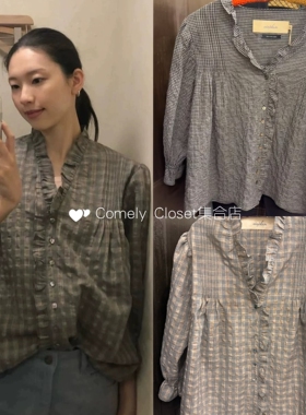 现货 viaplain 26早春新款 休闲宽松荷叶边领口褶皱花边格子衬衫