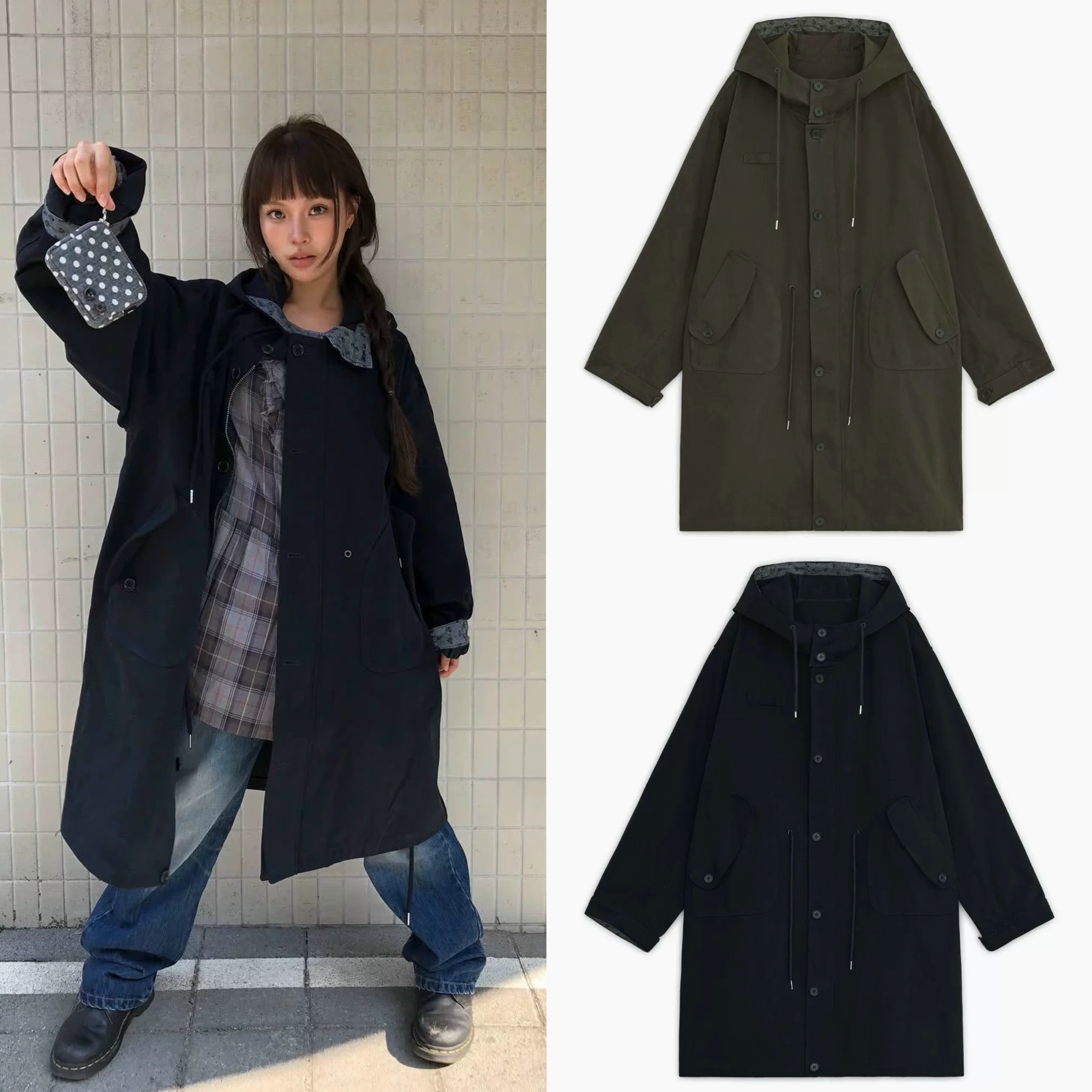 韩国正品现 oheshio 26秋冬新款 复古花卉长款连帽中长款风衣外套图片