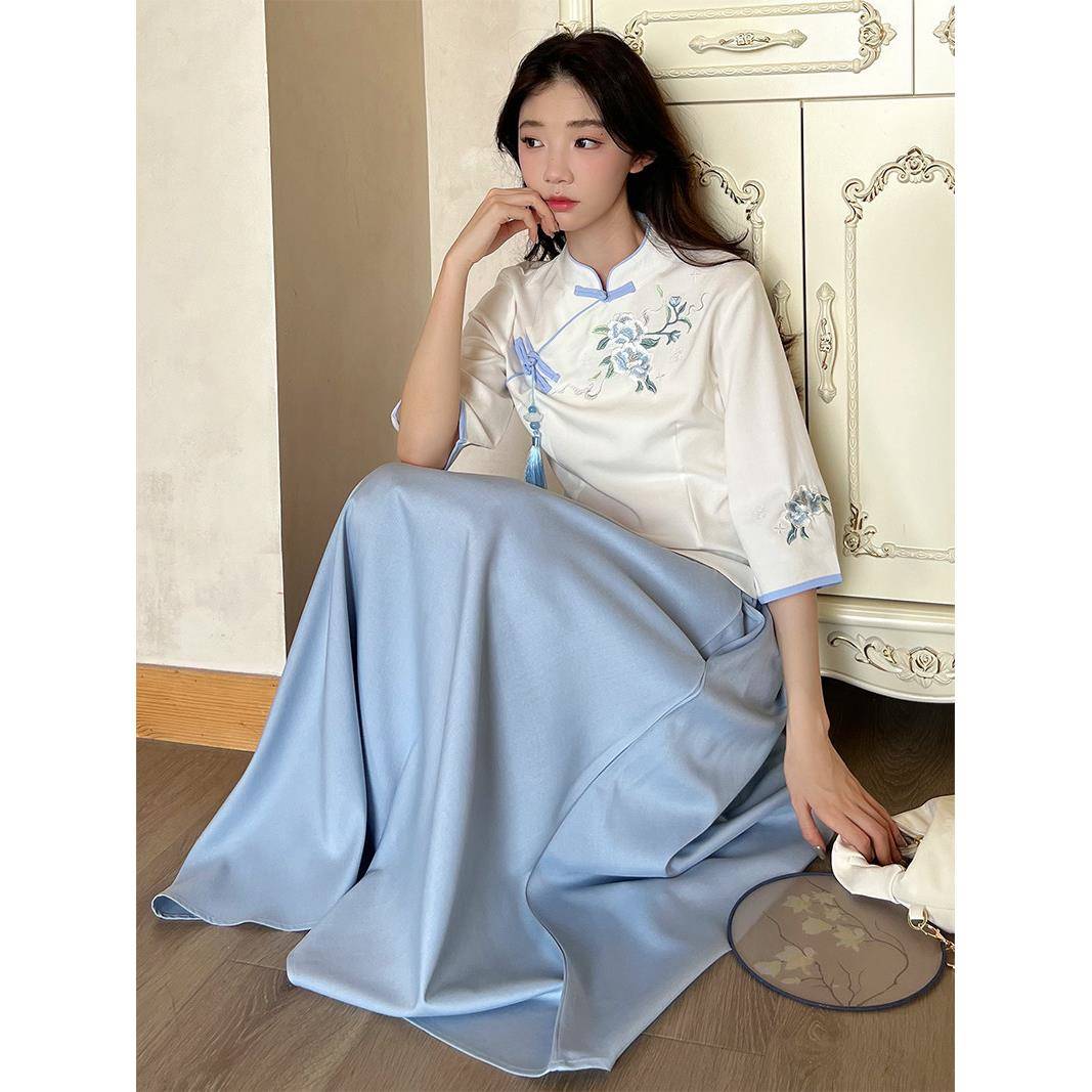春夏新中式女装民族风洋装改良汉服女覆古唐装上衣茶艺服两件套
