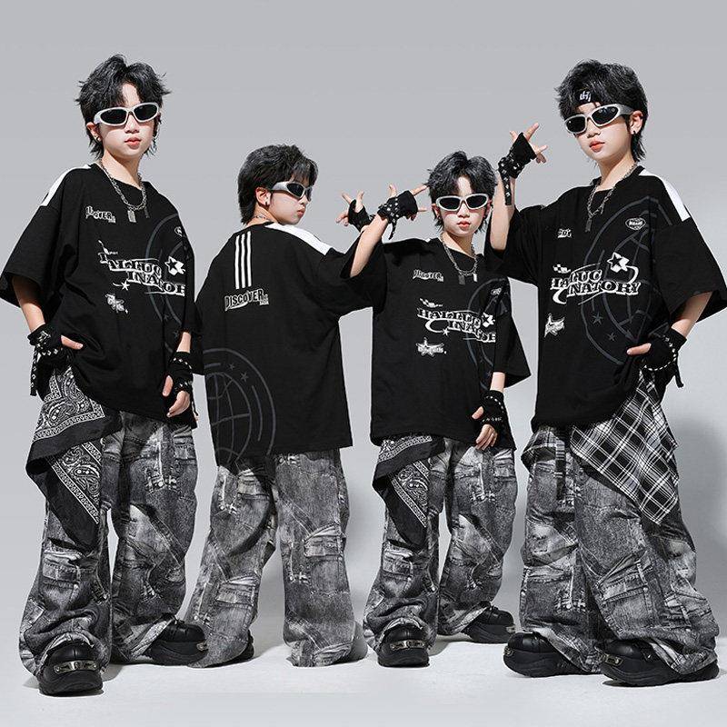 幼儿街舞潮服嘻哈儿童酷帅黑色T恤表演服套装男童hiphop演出服男