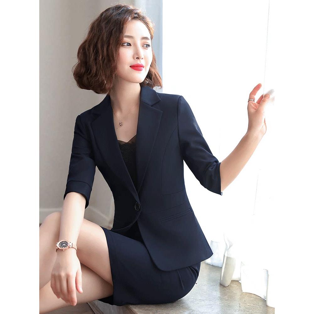 黑色海军蓝中袖套装夹克女士夏季职业装优雅的四分之一袖套装工装