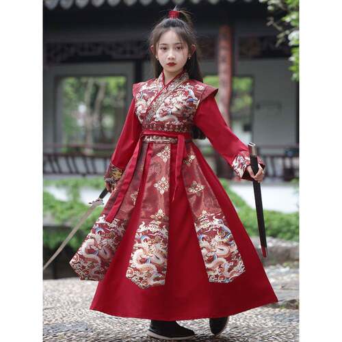 儿童花木兰cos服演出服装男女童武侠风女童汉服红色古风古装春秋