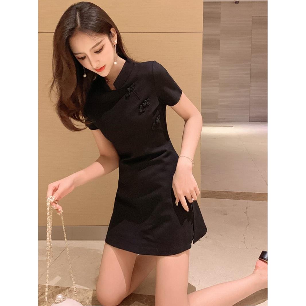 足部按摩女技师服装黑色中国风软按摩足浴旗袍工作服优雅修身装腹